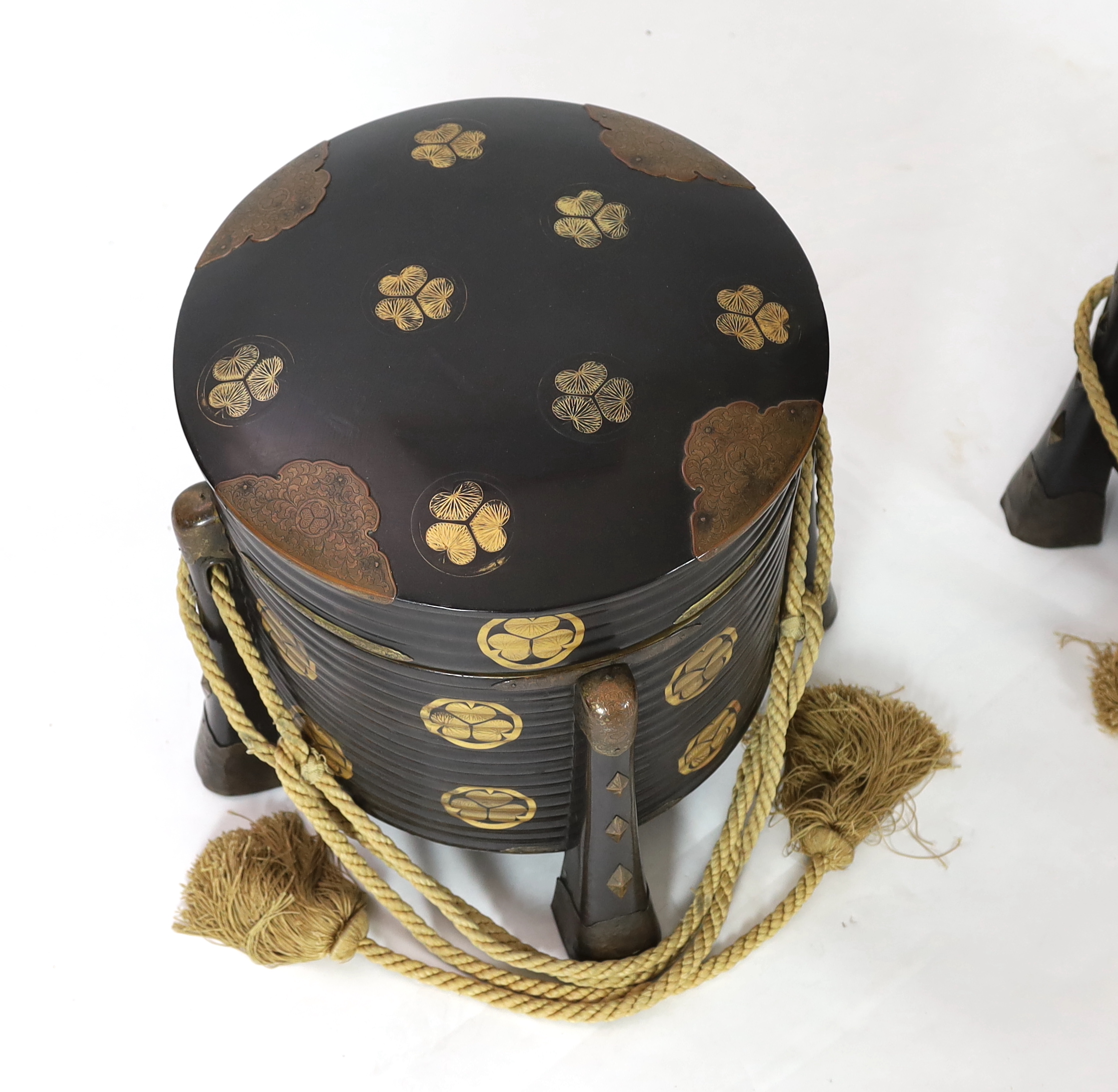 A pair of large Japanese black lacquer circular boxes and covers, Hokkai Bako, 19th century
